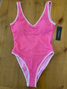 bebe Pink Textured Swimsuit One-Piece with White Trim ~ Sachet Pink Size Medium
